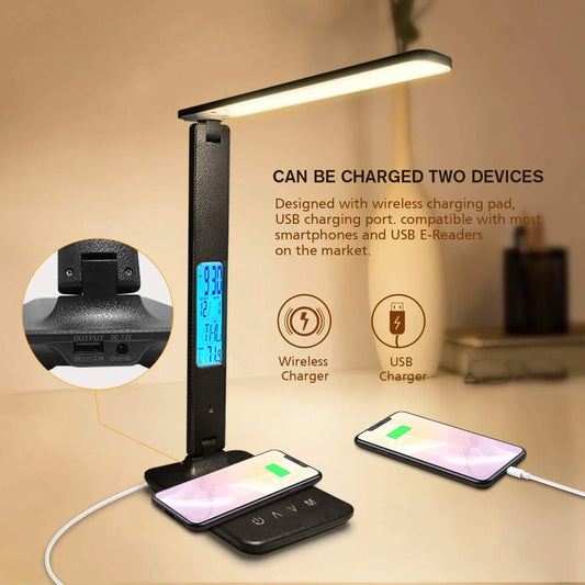 Wireless Charging LED Desk Lamp with Calendar and Alarm Clock