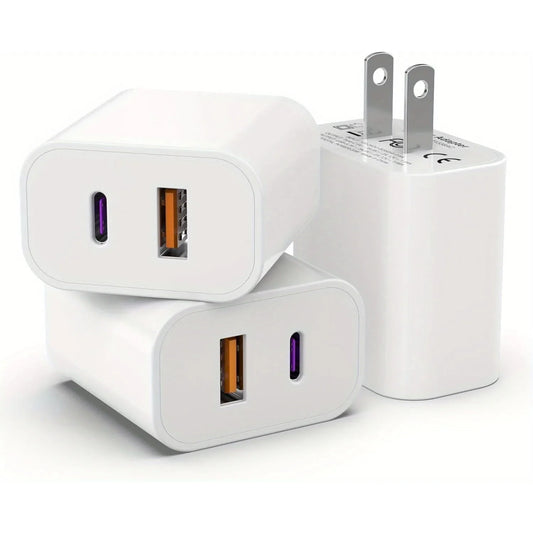 20W Dual Port USB-C Charger Block – 3 Pack